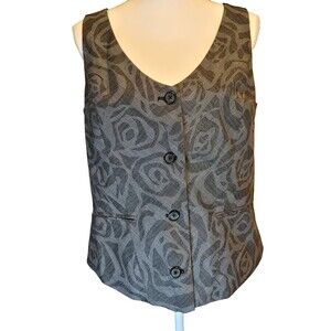 Chico's Size 1 (M/8) Plaid Print Button Vest Gray Black Abstract Overlay Career